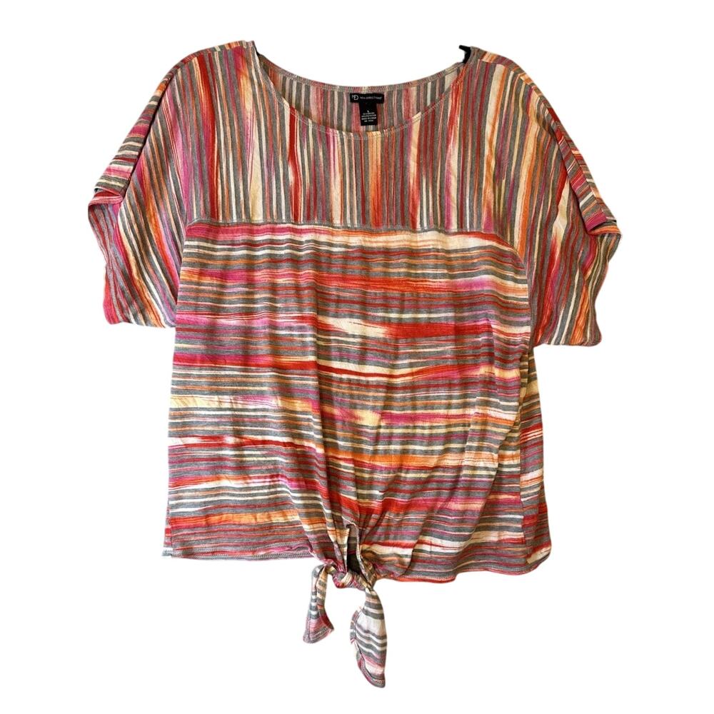 New Directions Women's Top Blouse Short Sleeve Tie Front Bottom Multicolor ‎ L